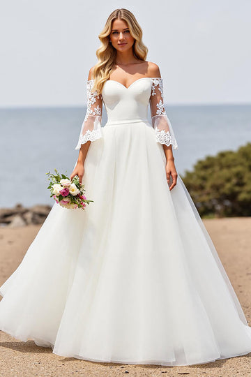 Off The Shoulder Ivory Appliqued Long Wedding Dress